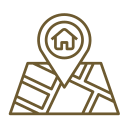 Icono de un mapa con un marcador de ubicación en forma de casa. Ideal para servicios de localización y búsqueda de propiedades.