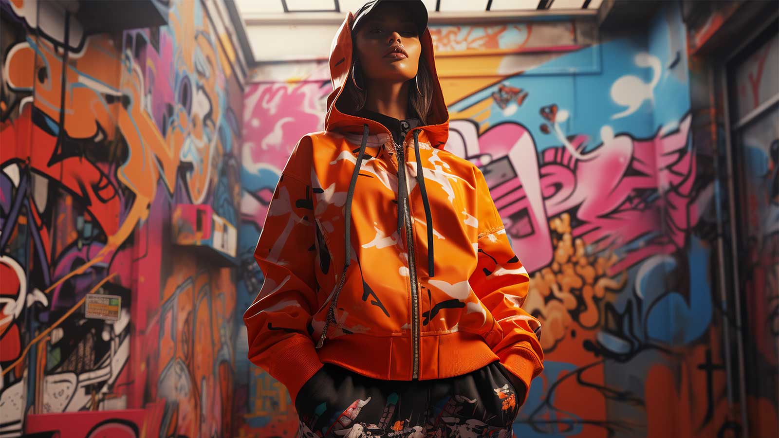 Modelo posando con una chaqueta naranja de diseño moderno y colorido, frente a un fondo de graffiti vibrante en un entorno urbano. La imagen destaca la moda streetwear y el estilo contemporáneo.
